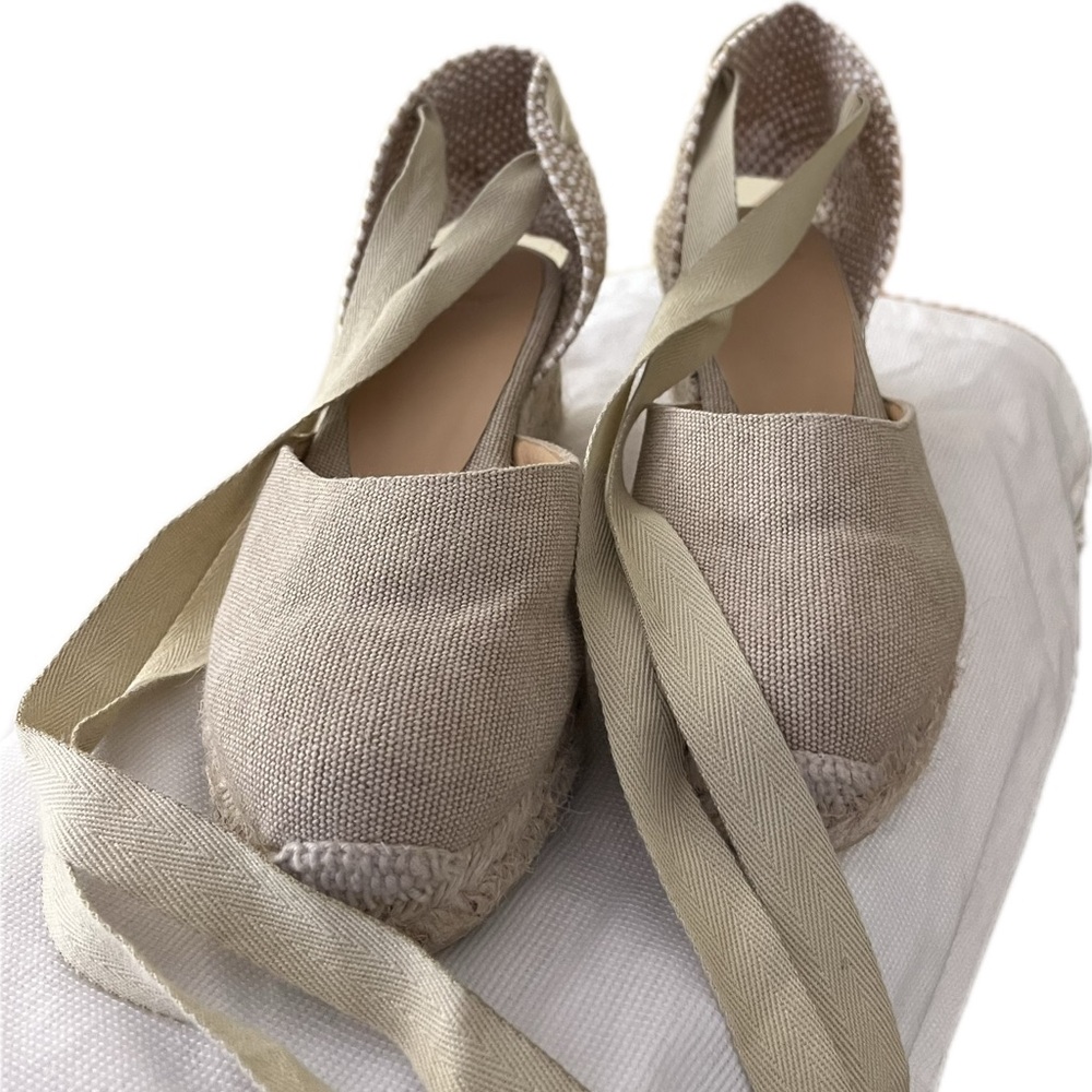 Tie-Up Wedge Sandals – Tan color, barely used. Chic and versatile.